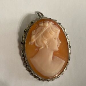 Cut seashells depicting female profile cameo pin / pendant silver 800 stamp